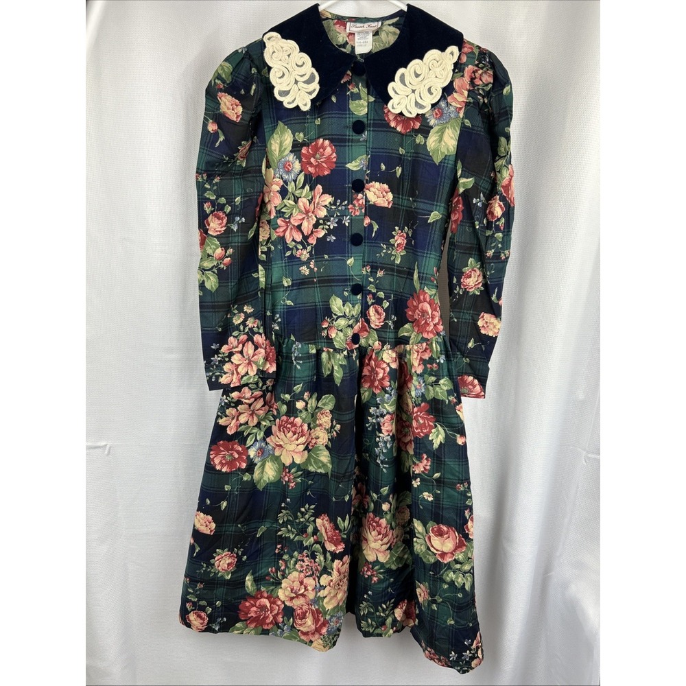 Vtg Sarah Kent Dress Blue Green Plaid Floral Velvet Collar Buttons Lace Puff 14